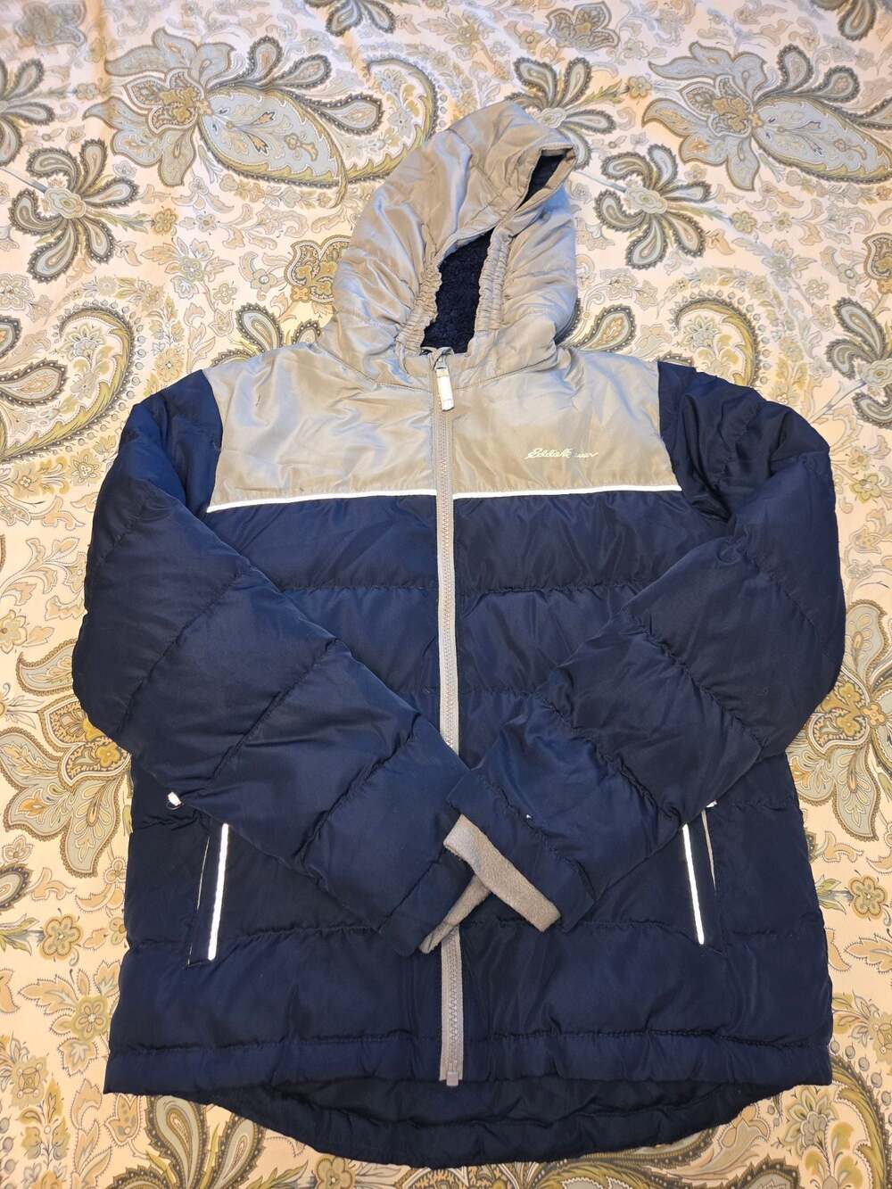Eddie Bauer Kids Boys Hooded Puffer Jacket Down Fill Size L 14 Blue Gray